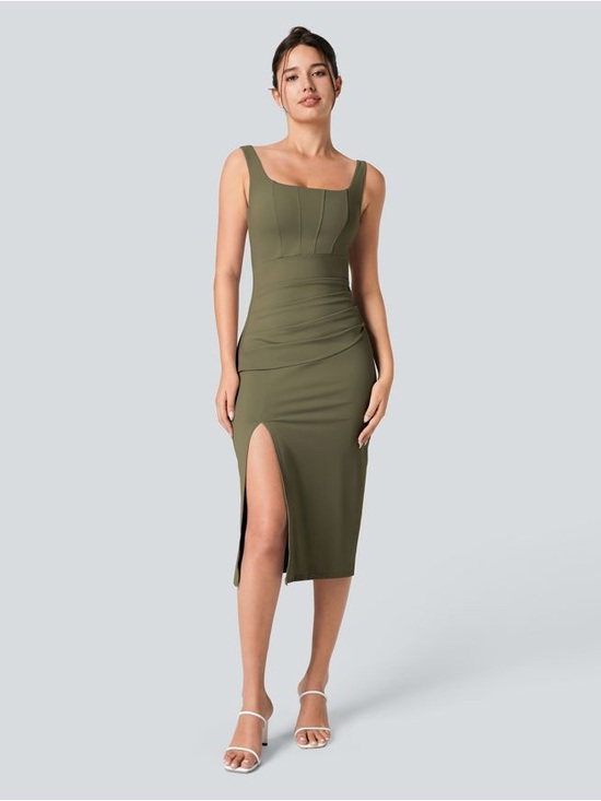 HALARA Dresses & Skirts - Halara SoftlyZero™ Airy Square Neck Corset Ruched Bodycon Midi dress small nwot